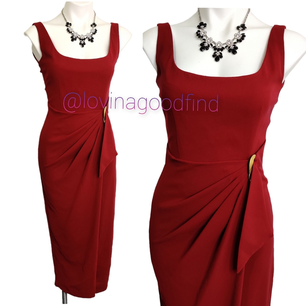 Tahari Red Wine Scoop Neck Sleeveless Faux Wrap Side Buckle Dress EUC sz 4